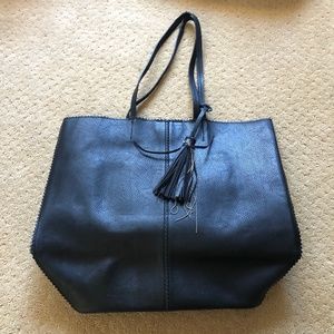 Black Faux Leather Bucket Bag with Tassel